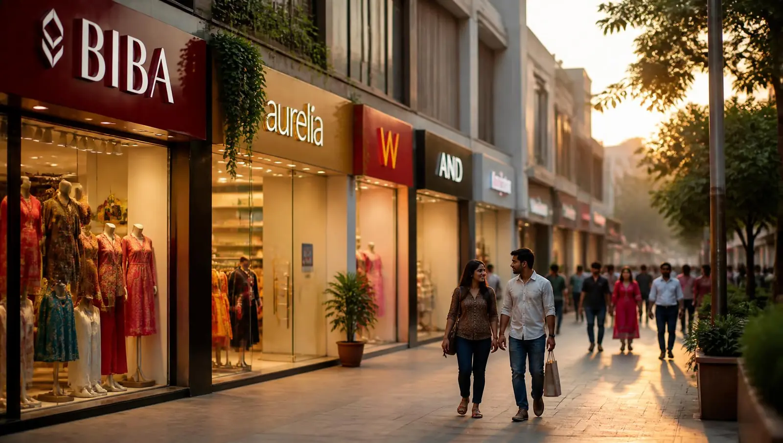 Indian high street lined with retail storefronts at golden hour